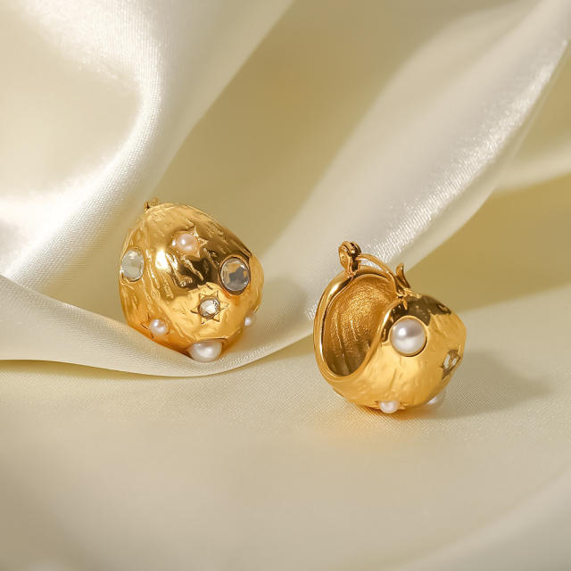 18K chunky ball pearl bead stainless steel huggie earrings