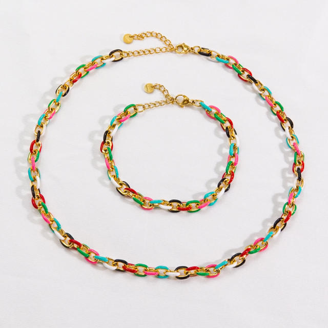 Chunky color enamel stainless steel chain necklace bracelet set