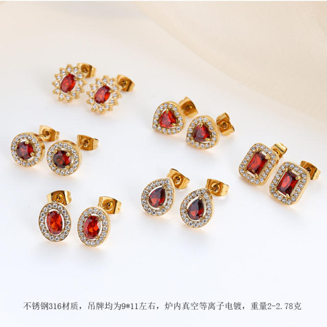 18K ruby cubic zircon statement stainless steel studs earrings