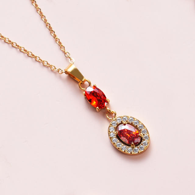 Dainty ruby tear drop pendant stainless steel chain necklace