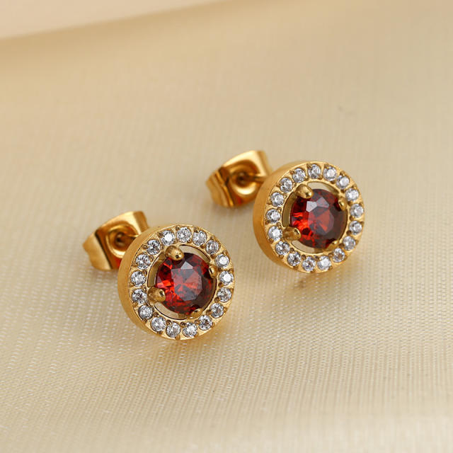 18K ruby cubic zircon statement stainless steel studs earrings