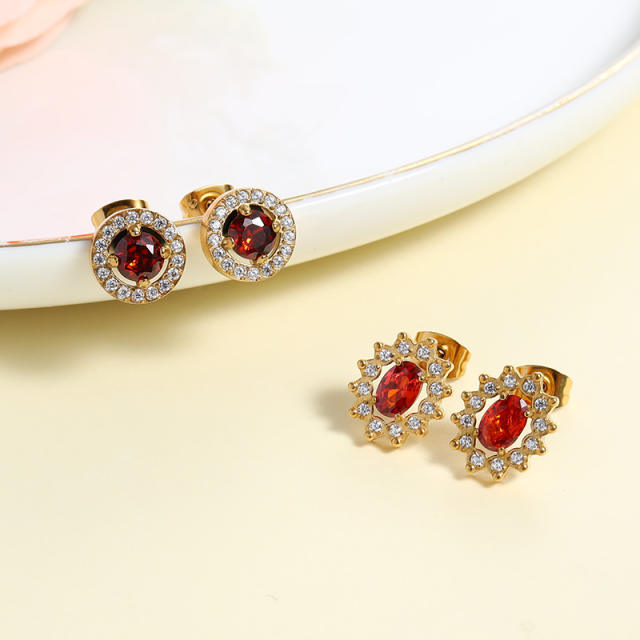 18K ruby cubic zircon statement stainless steel studs earrings