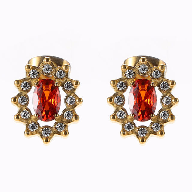 18K ruby cubic zircon statement stainless steel studs earrings