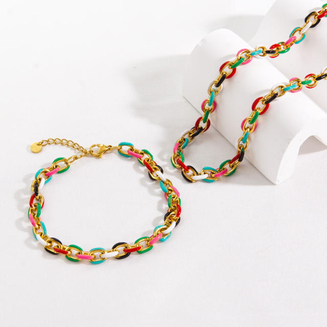 Chunky color enamel stainless steel chain necklace bracelet set