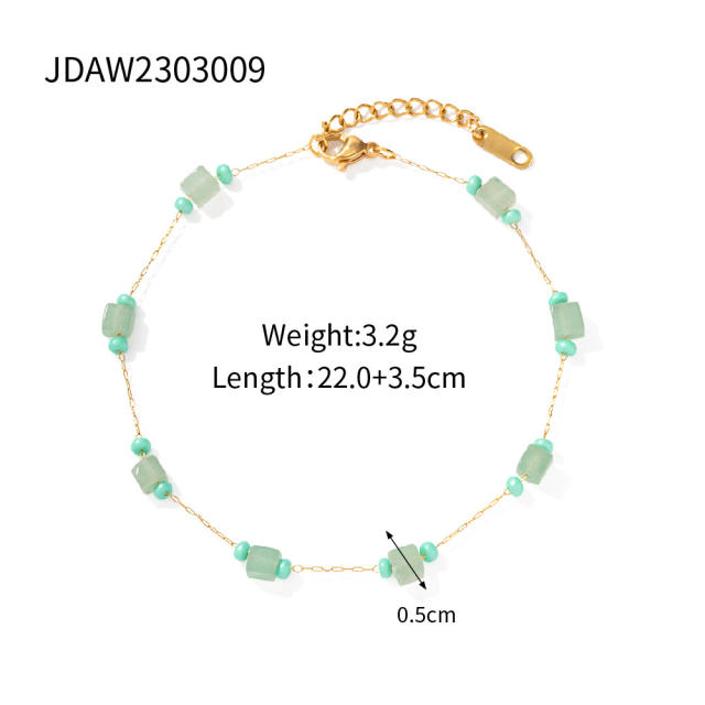 18k natural green color crystal stone bead stainless steel anklet