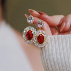 Delicate vintage palace trend ruby oval cubic zircon drop earrings