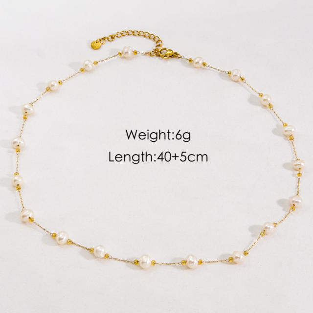 Chic natural pearl bead stainless steel necklace bracelet set