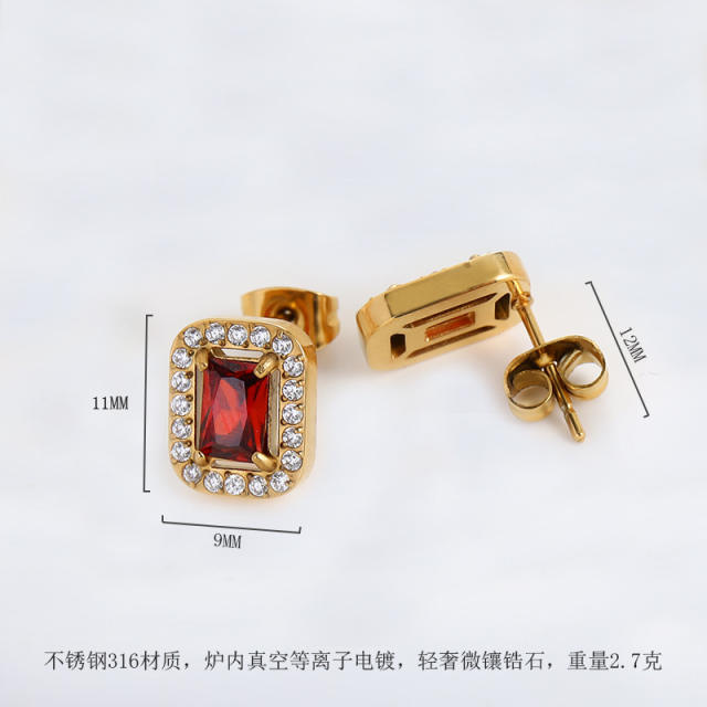 18K ruby cubic zircon statement stainless steel studs earrings