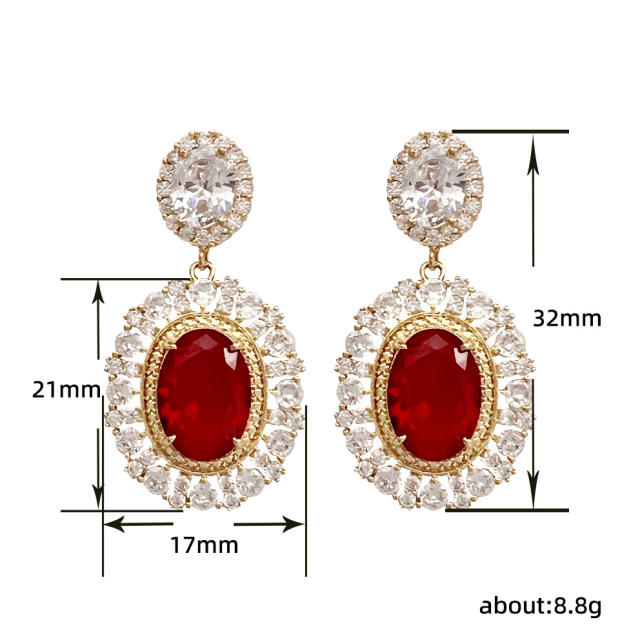 Delicate vintage palace trend ruby oval cubic zircon drop earrings