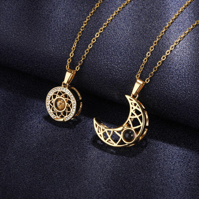 Korean fashion hollow out moon star 100 language i love you Magnetic attraction couple matching necklace