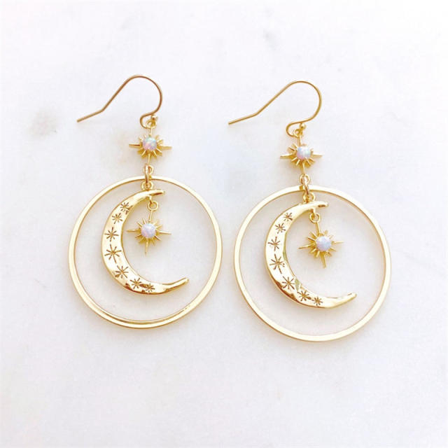 Vintage boho gold color moon geometric circl dangle earrings