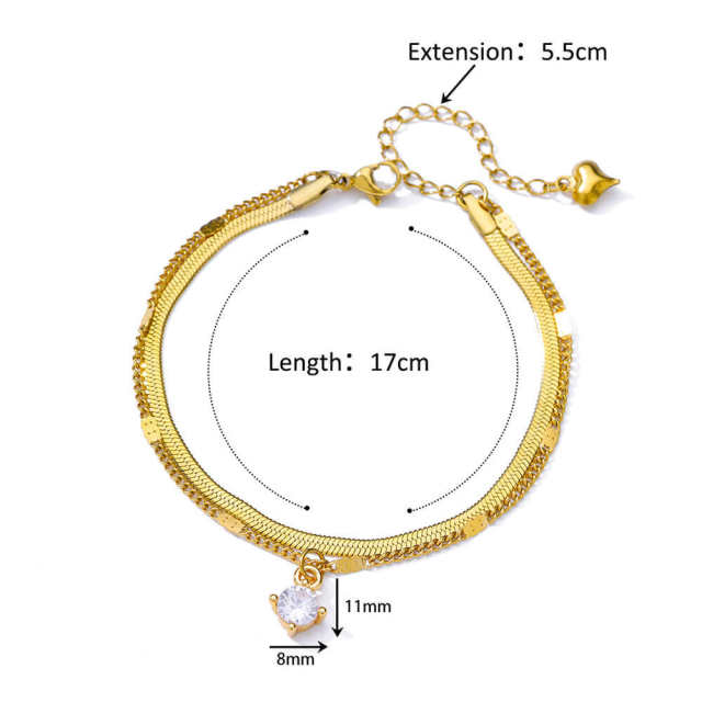Elegant summer snake chain diamond evil eye heart two layer stainless steel anklet