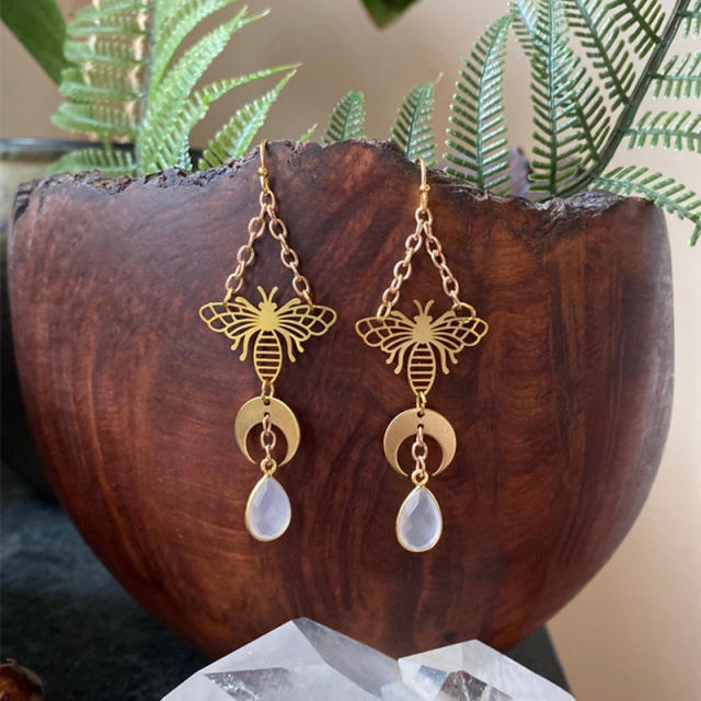Vintage boho gold color moonstone moth dangle earrings
