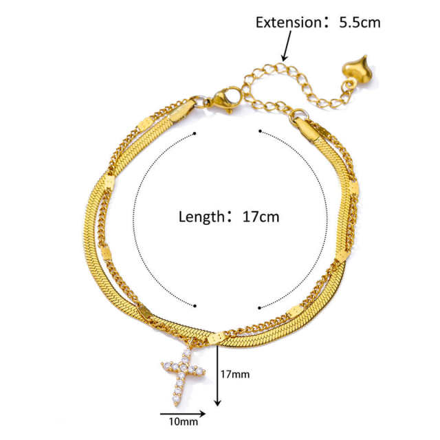 Elegant summer snake chain diamond evil eye heart two layer stainless steel anklet