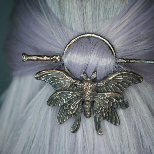 Gothic viking vintage moth halloween metal bun holder with hair sticks