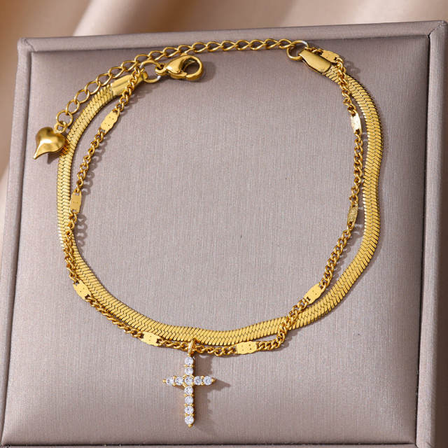 Elegant summer snake chain diamond evil eye heart two layer stainless steel anklet