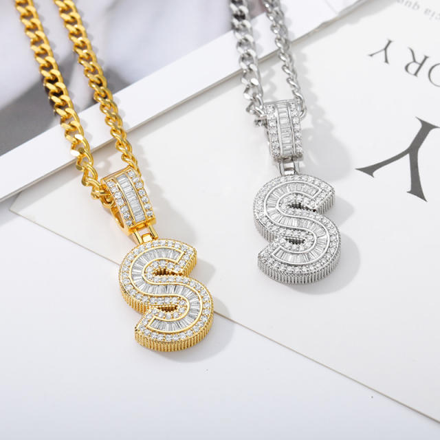 HIPHOP ice out initial letter pendant necklace