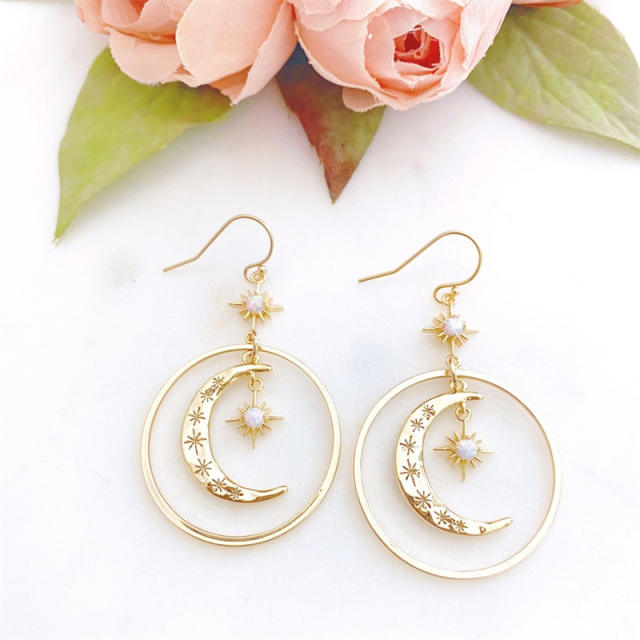 Vintage boho gold color moon geometric circl dangle earrings