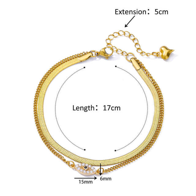 Elegant summer snake chain diamond evil eye heart two layer stainless steel anklet