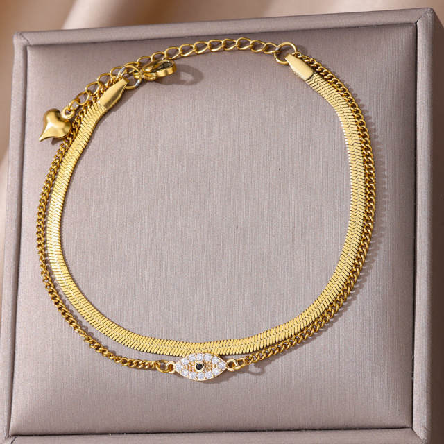 Elegant summer snake chain diamond evil eye heart two layer stainless steel anklet