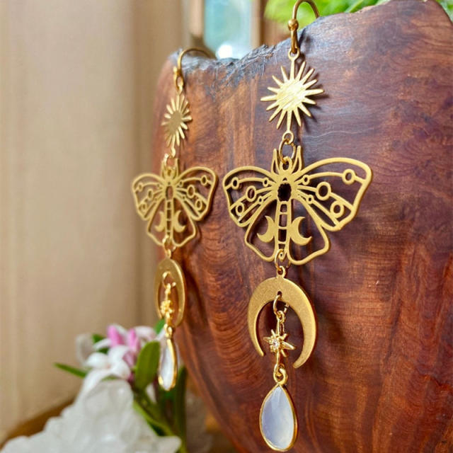 Vintage boho gold color moth moonstone drop dangle earrings