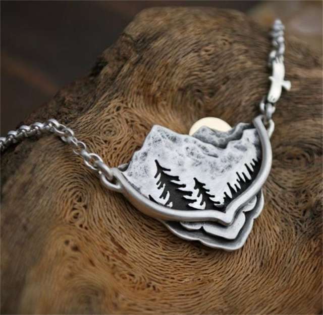 Vintage silver color boho mountain necklace