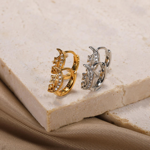 Delicate cubic zircon star gold plated copper huggie earrings