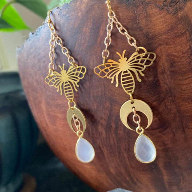 Vintage boho gold color moonstone moth dangle earrings