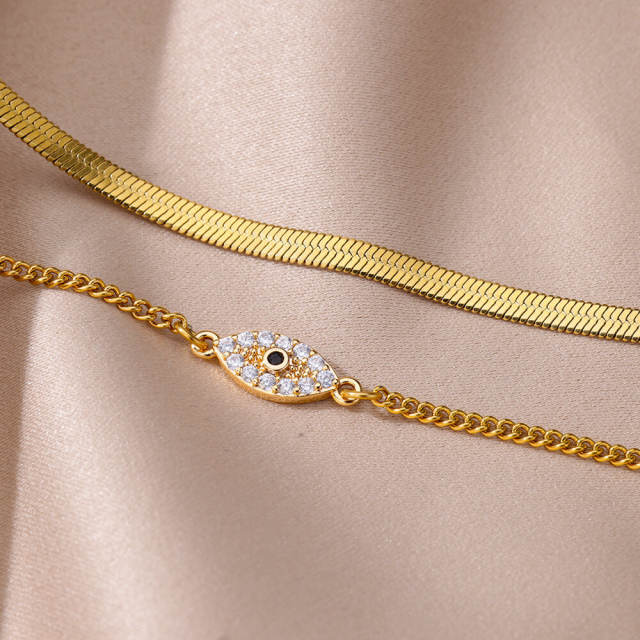 Elegant summer snake chain diamond evil eye heart two layer stainless steel anklet
