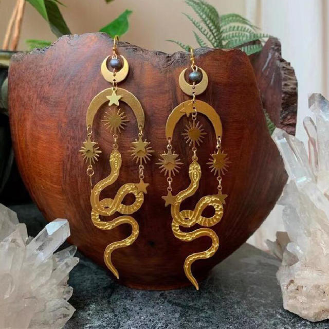 Vintage boho moon star snake dangle earrings