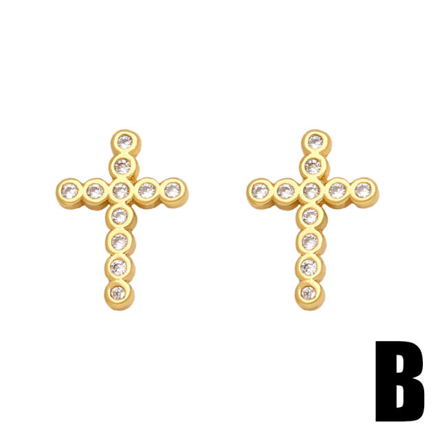 Easy match rainbow cz diamond cross gold plated copper studs earrings