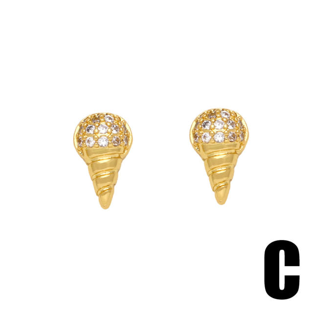 Cute full cubic zircon funny plane crown gold plated copper studs earrings