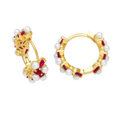 Elegant pearl bead gold plated copper huggie earrings