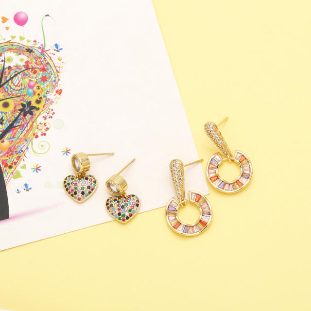 Luxury rainbow cz pave setting gold plated copper earrings