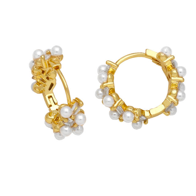 Elegant pearl bead gold plated copper huggie earrings