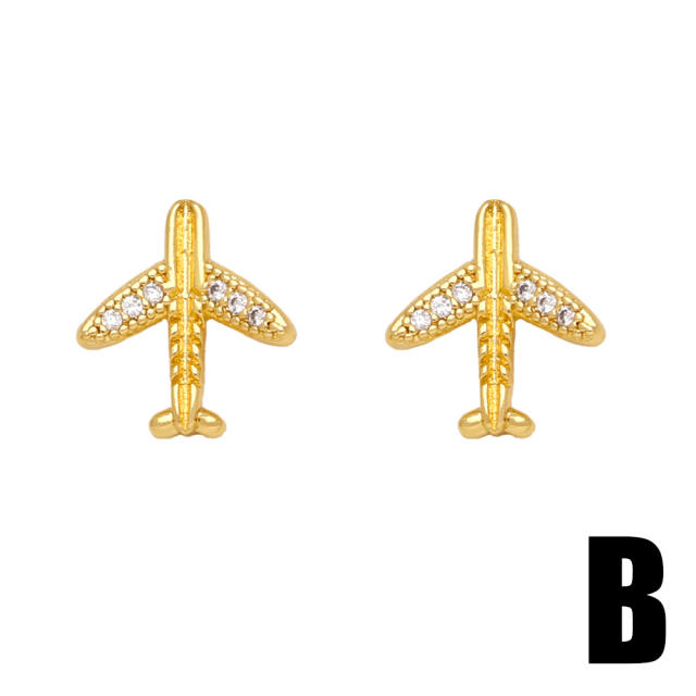 Cute full cubic zircon funny plane crown gold plated copper studs earrings
