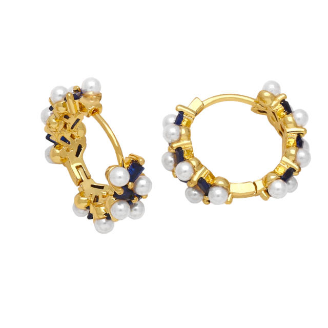 Elegant pearl bead gold plated copper huggie earrings