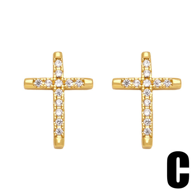Easy match rainbow cz diamond cross gold plated copper studs earrings