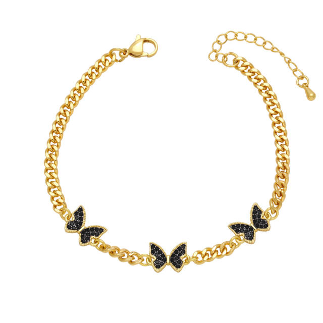Hiphop colorful cubic zircon butterfly gold plated cuban chain bracelet