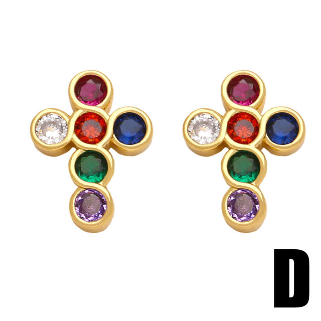 Easy match rainbow cz diamond cross gold plated copper studs earrings