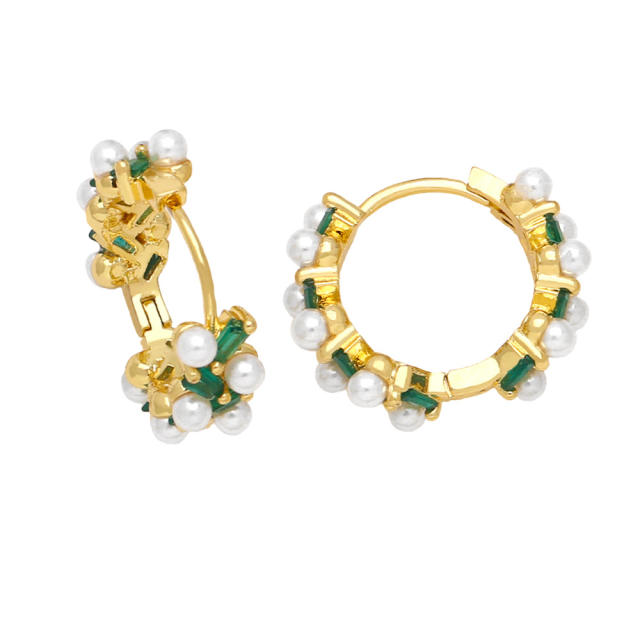 Elegant pearl bead gold plated copper huggie earrings