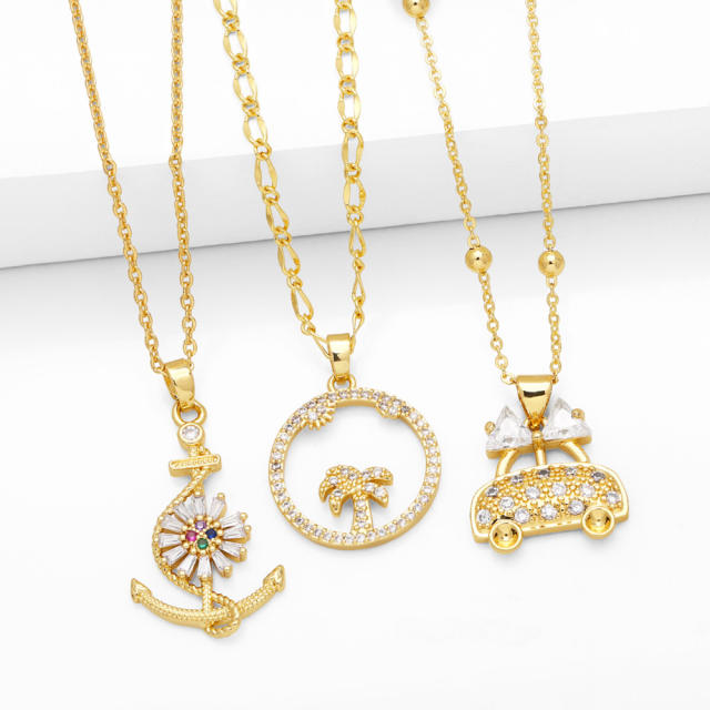 Sweet full cubic zircon car windmill pendant gold plated copper necklace