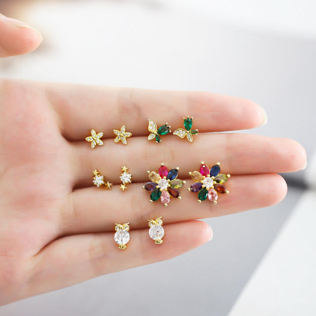 Delicate full cubic zircon diamond flower copper studs earrings