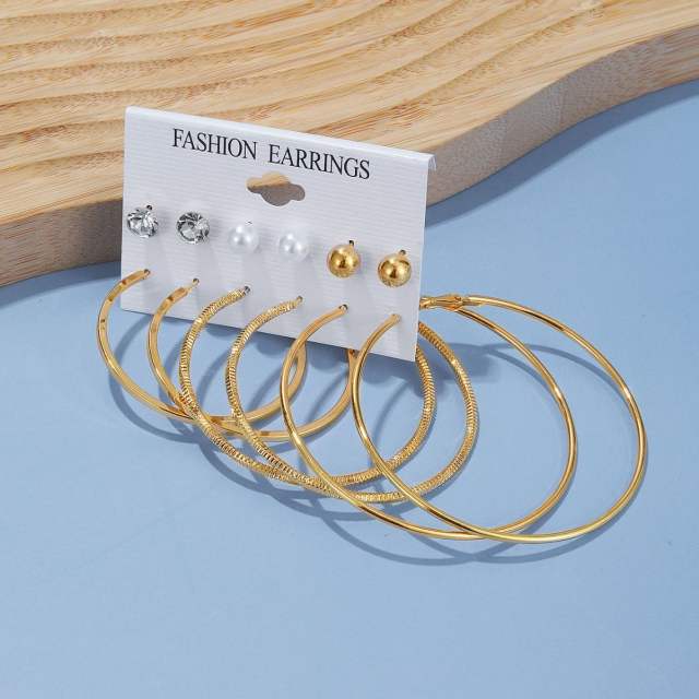 6 pair gold color large hoop earrings studs earrings set