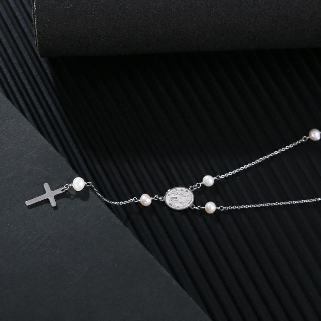 Dainty pearl bead virgin mary cross stainless steel lariat necklace