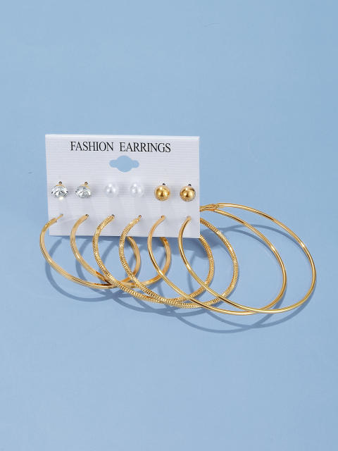 6 pair gold color large hoop earrings studs earrings set
