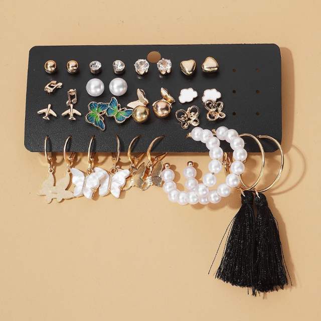 16 pair Hot sale pearl tassel leopard pattern hoop earrings set
