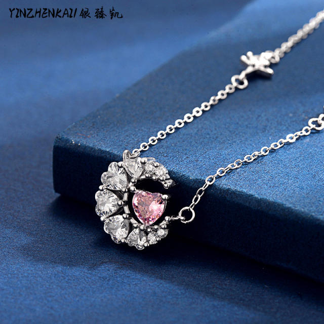 925 sterling silver pink cubic zircon heart moon pendant dainty women necklace