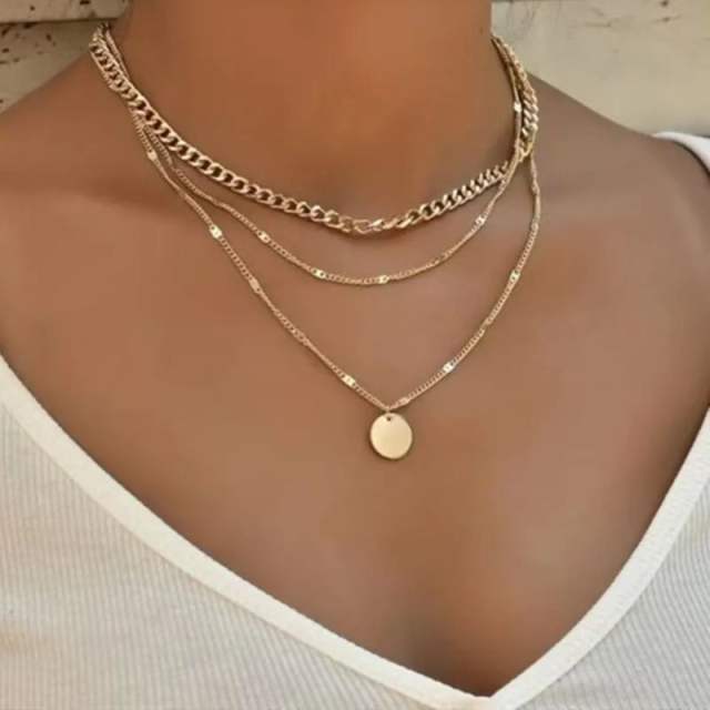 Hot sale boho three layer coin pendant alloy chain necklace