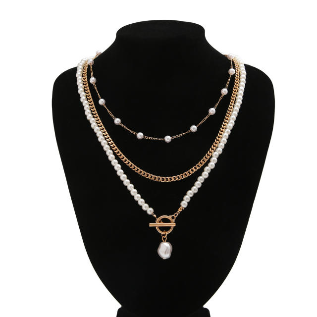 Three layer faux pearl necklace set for men